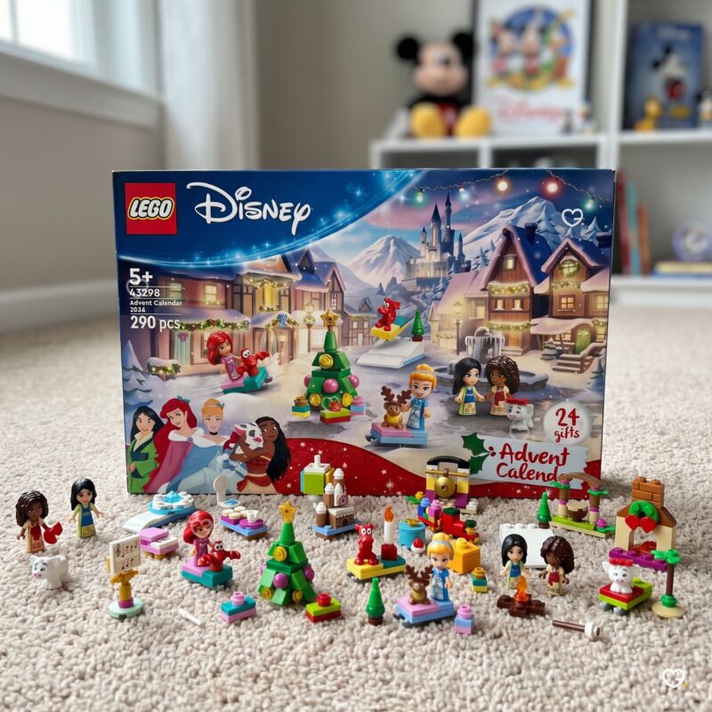 Calendrier de l'Avent LEGO Disney 2026 en situation, boîte et micro-poupées Ariel, Cendrillon, Vaiana et Mulan construites