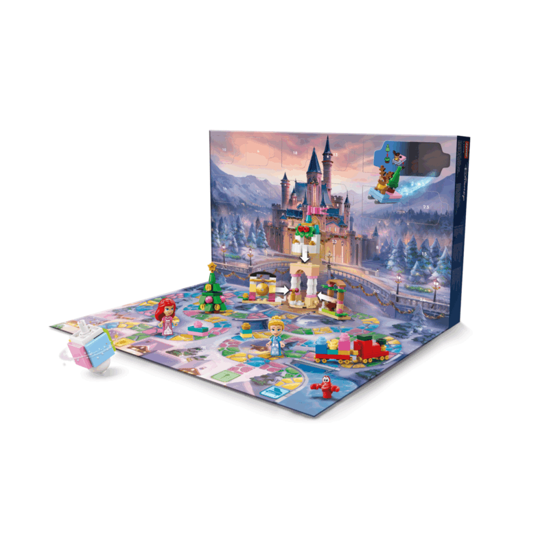 Calendrier de l'Avent LEGO Disney 2026 ouvert, la boîte transformée en plateau de jeu pour 8 joueurs
