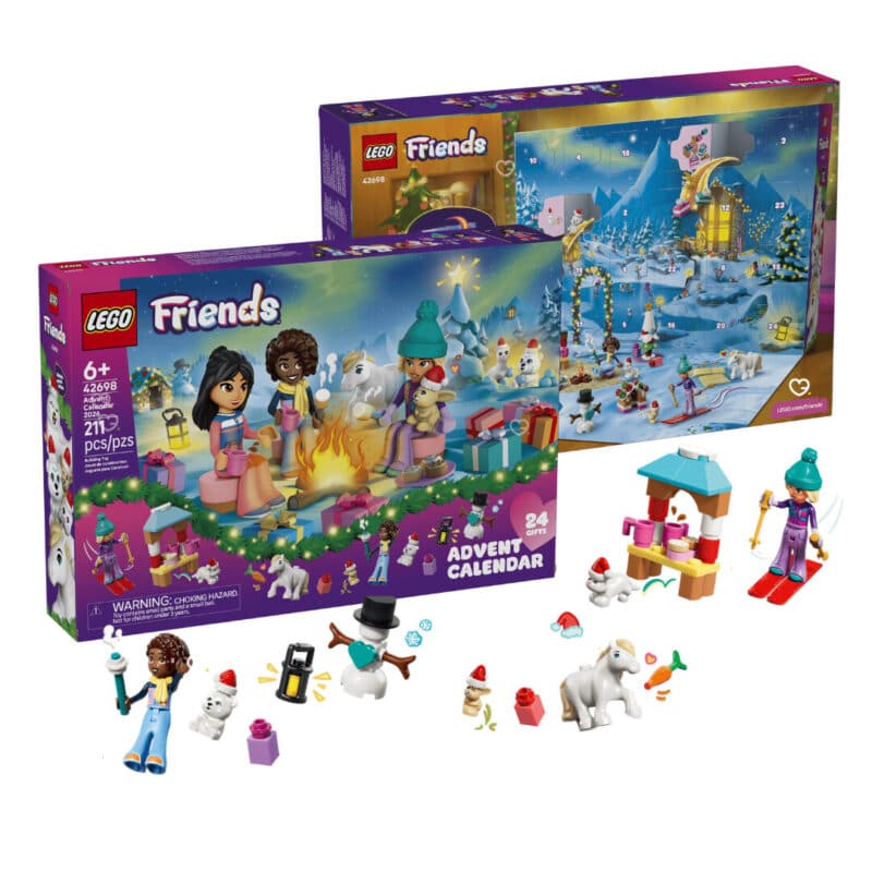Boîte du calendrier de l'Avent LEGO Friends 2026 (42698) et son contenu aligné, mini-poupées et animaux