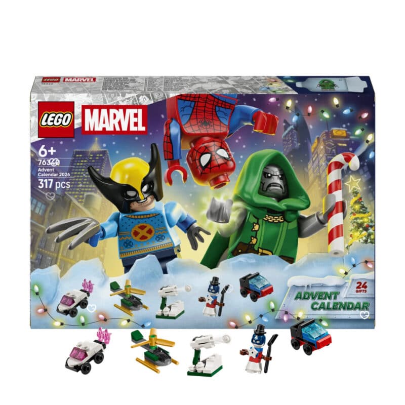 Boîte du calendrier de l'Avent LEGO Marvel 2026 (76340) et ses mini-constructions LEGO alignées