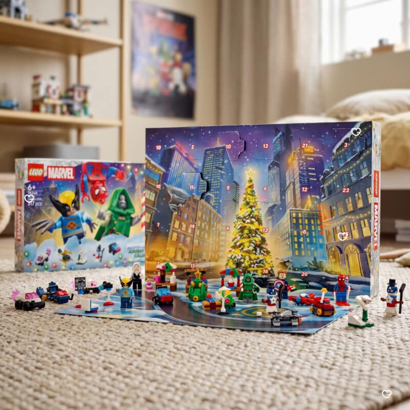 Calendrier de l'Avent LEGO Marvel 2026 (76340) ouvert, décor de ville et sapin illuminé avec les minifigurines Marvel