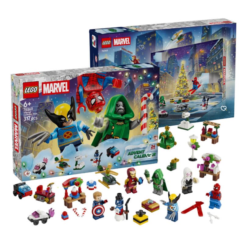 Contenu complet du calendrier de l'Avent LEGO Marvel 2026 (76340) : 6 minifigurines Marvel, véhicules et accessoires