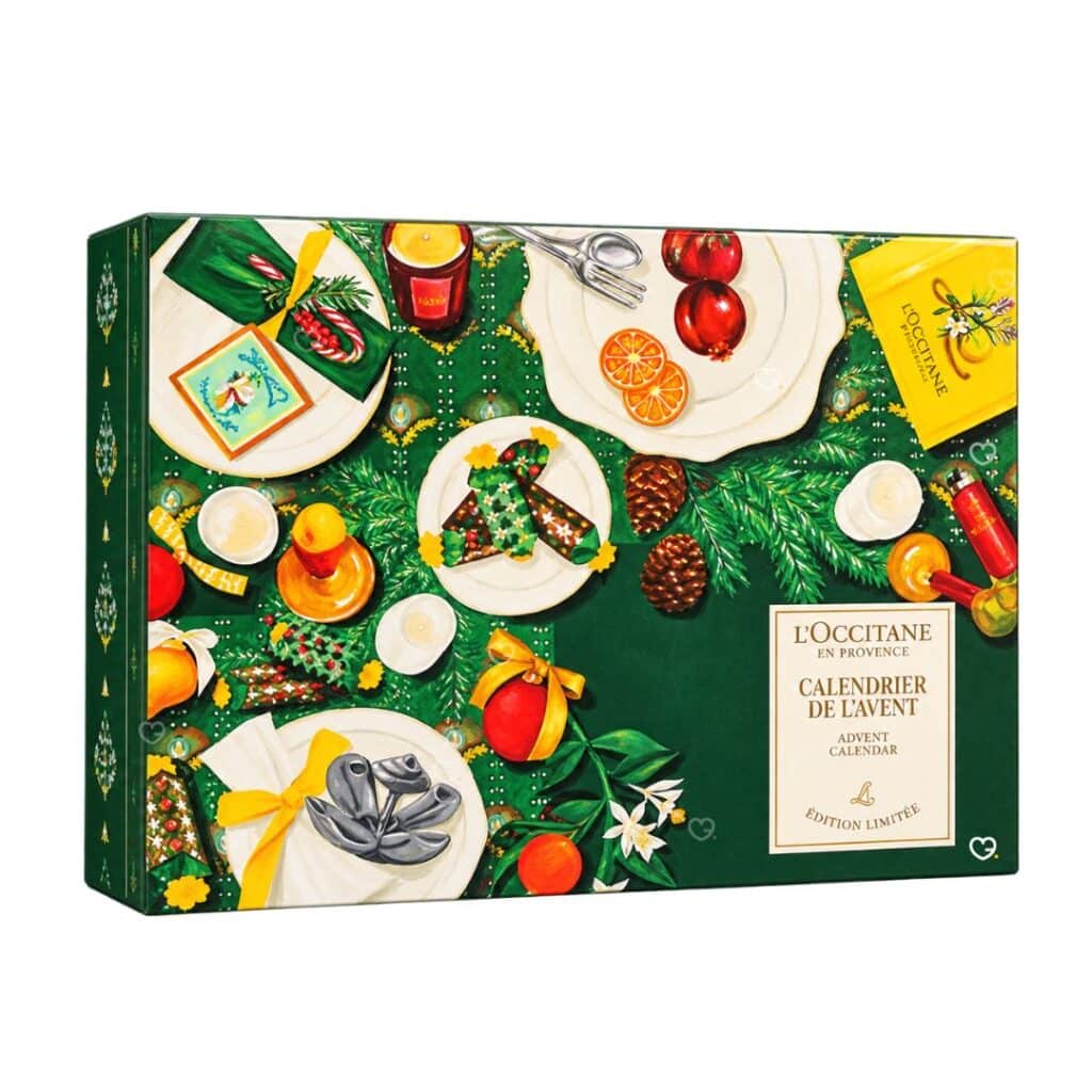 Calendrier de l'Avent L'Occitane Classique 2026, coffret vert ferme sur fond blanc