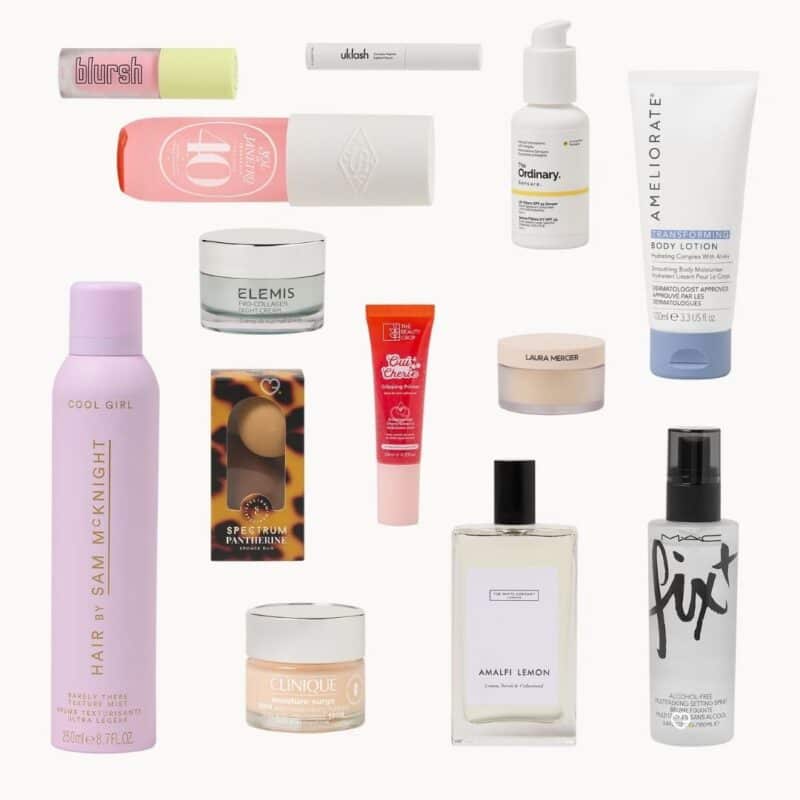 Produits maquillage et parfum du calendrier Lookfantastic 2026 (Elemis, MAC, Sol de Janeiro, Laura Mercier)