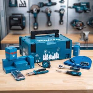 Calendrier de l'Avent bricolage Makita 2026 en situation, coffret MAKPAC entoure des cases et des outils sur l'etabli