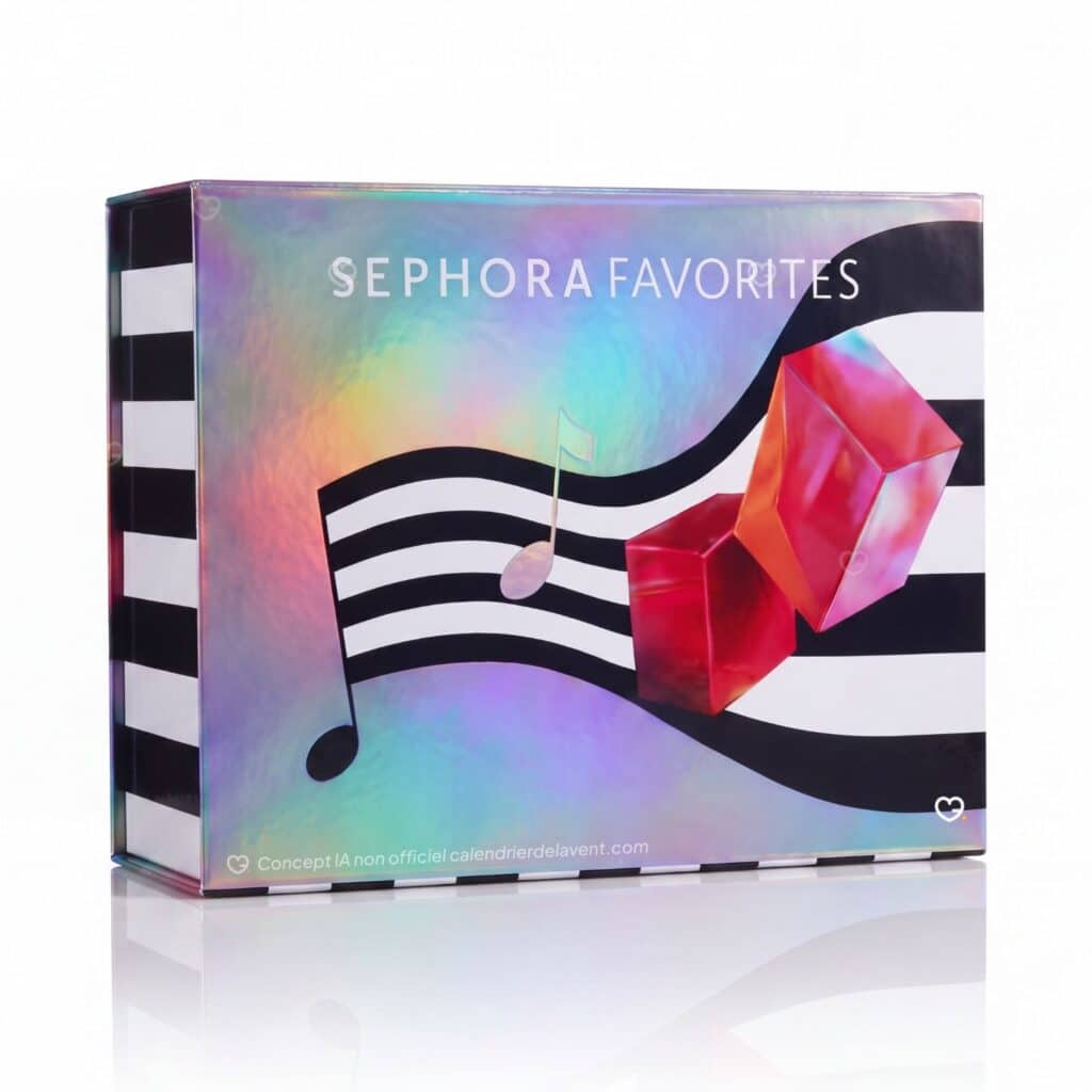 Calendrier de l'Avent Sephora Favorites 2026, boîte fermée noir et blanc holographique