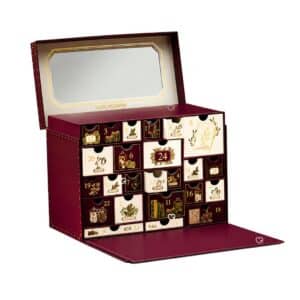 Calendrier de l'Avent Yves Rocher Premium 2026, coffret bordeaux a 24 tiroirs numerotes avec miroir integre, ouvert