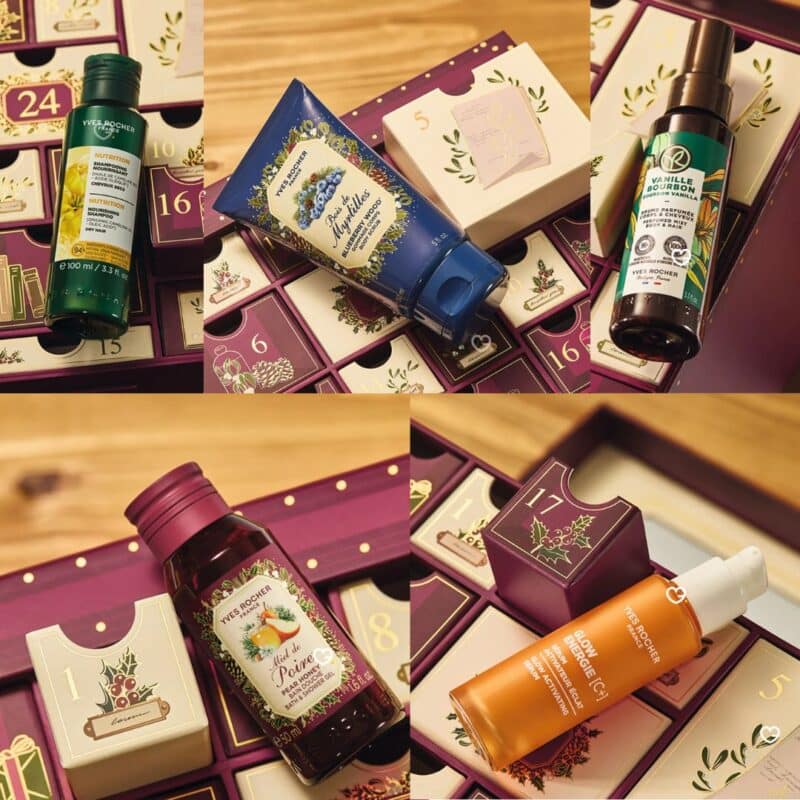 Details des soins du calendrier Yves Rocher Premium 2026 : gommage Bois de Myrtilles, brume Vanille Bourbon et serum Glow Energie