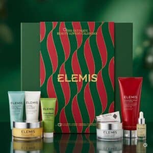 Coffret calendrier de l'Avent Elemis 2026 avec ses 3 soins en taille réelle, Pro-Collagen Marine Cream et Frangipani Monoi Body Cream