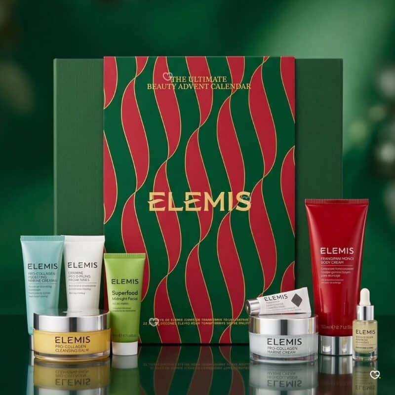 Coffret calendrier de l'Avent Elemis 2026 avec ses 3 soins en taille réelle, Pro-Collagen Marine Cream et Frangipani Monoi Body Cream