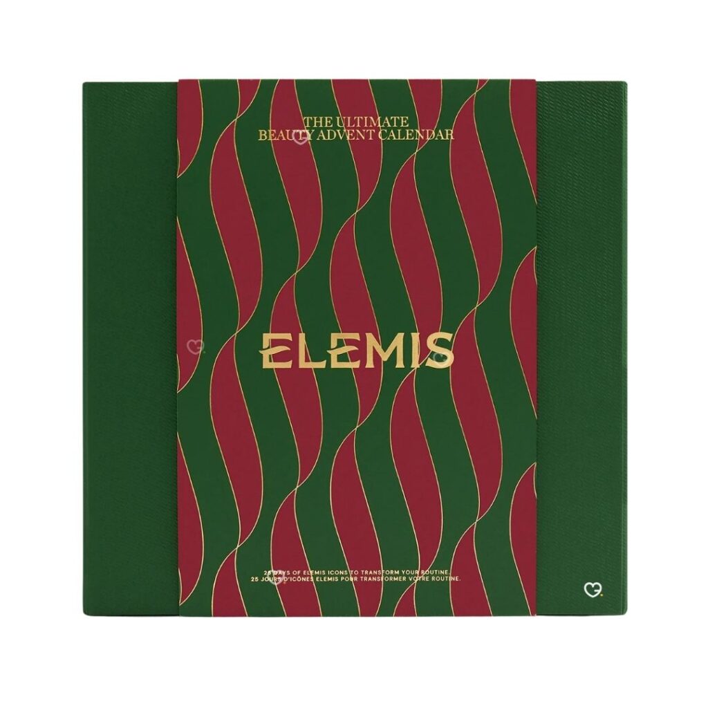 Calendrier de l'Avent Elemis 2026, coffret fermé vert et bordeaux à vagues dorées