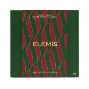Calendrier de l'Avent Elemis 2026, coffret fermé vert et bordeaux à vagues dorées