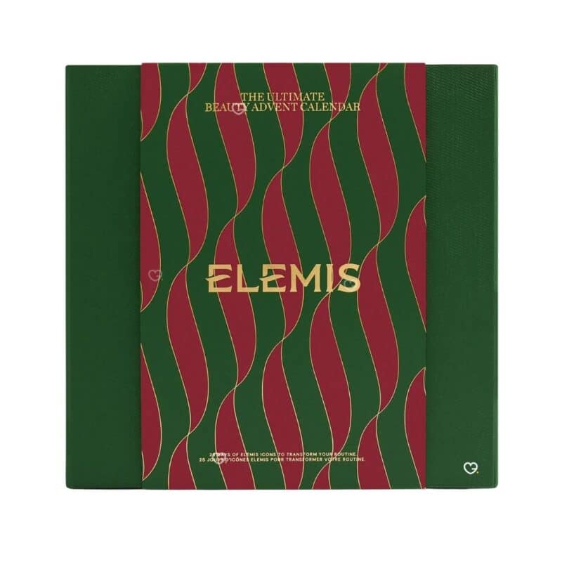 Calendrier de l'Avent Elemis 2026, coffret fermé vert et bordeaux à vagues dorées