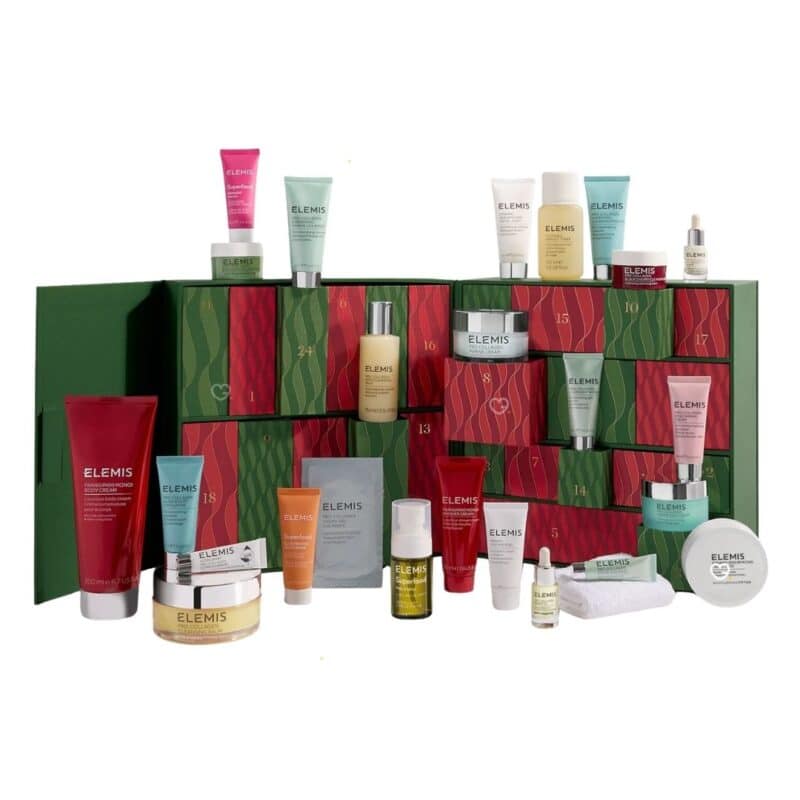 Contenu complet du calendrier de l'Avent beauté Elemis 2026 sur fond blanc