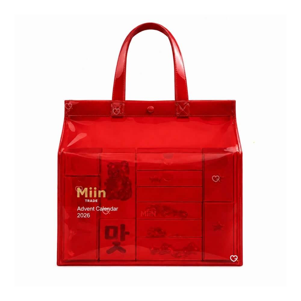 Calendrier de l'Avent MiiN Cosmetics 2026, cabas en vinyle rouge translucide reutilisable