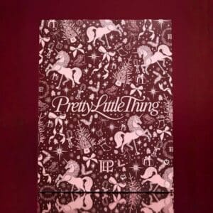 Boîte fermée du calendrier de l'Avent PrettyLittleThing 2026, motif licornes bordeaux et rose