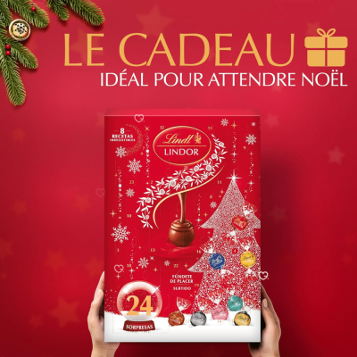 Calendrier de l'avent chocolat Lindt Lindor contenant un assortiment de 24 chocolats : Assortiment de Chocolats au Lait,Noir 45%, Noir 60%, Noir 70%, Blanc, Coco, Noisettes